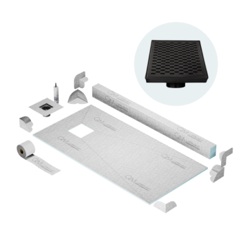 QM Off-Center Shower Pan Kit 32" x 63" with 4" Delta Square Drain in Black