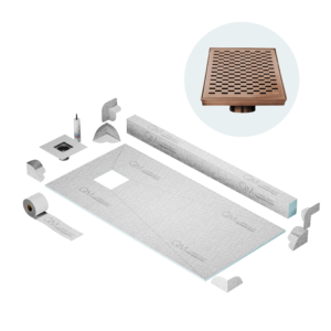 QM Off-Center Shower Pan Kit 32″ x 63″ with 4″ Delta Square Drain in Bronze
