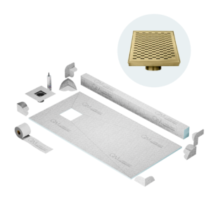 QM Off-Center Shower Pan Kit 32″ x 63″ with 4″ Delta Square Drain in Gold