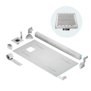 QM Off-Center Shower Pan Kit 32″ x 63″ with 4″ Delta Square Drain in Polished
