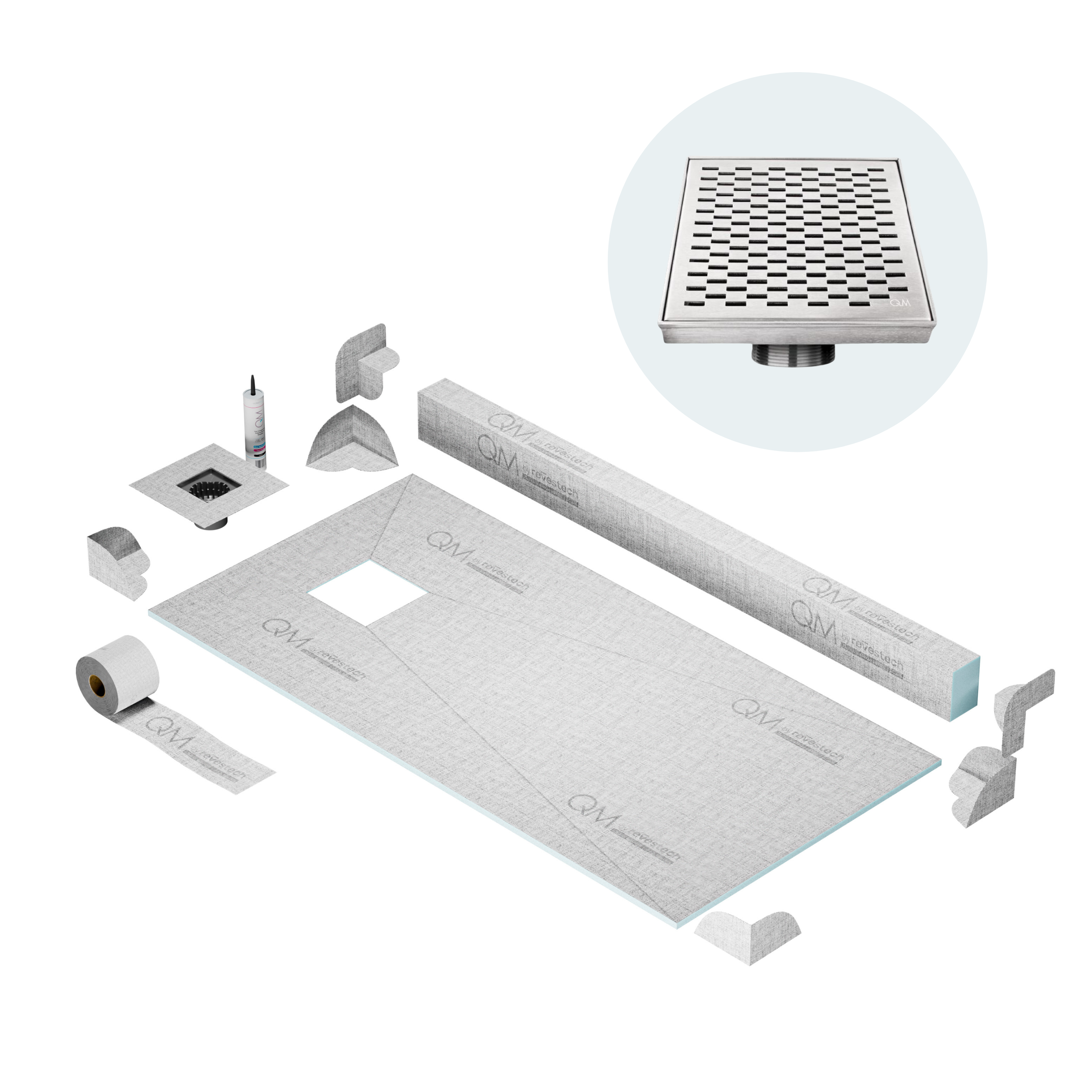 QM Off-Center Shower Pan Kit 32" x 63" with 4" Delta Square Drain in Polished