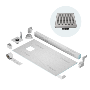 QM Off-Center Shower Pan Kit 32″ x 63″ with 4″ Delta Square Drain in Satin