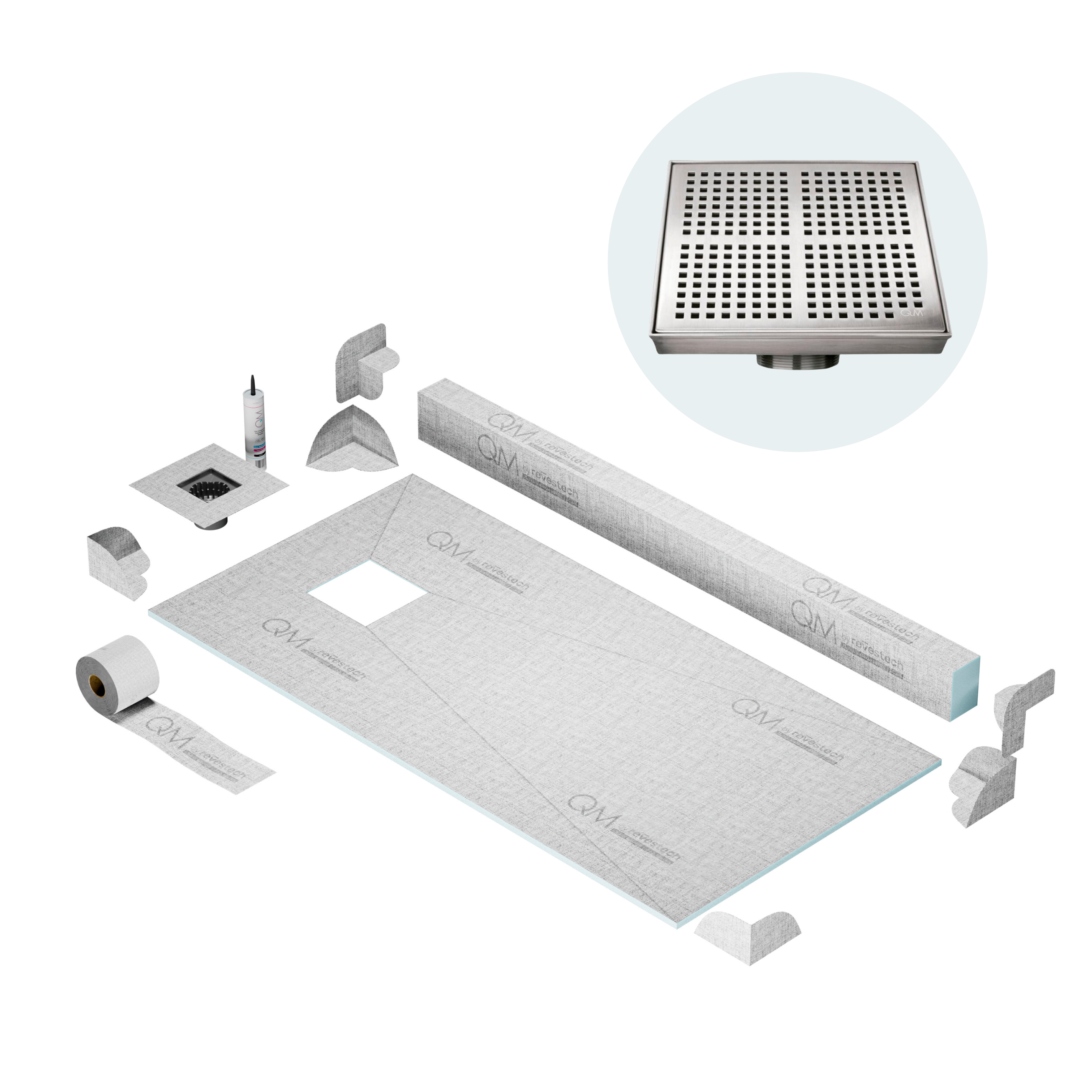 QM Off-Center Shower Pan Kit 32" x 63" with 4" Kai Square Drain in Polished