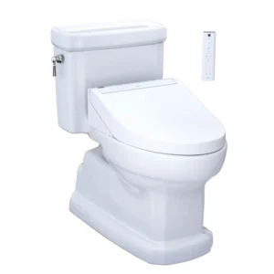 TOTO Eco Guinevere WASHLET plus Ready Elongated 1.28 GPF Universal Height Skirted Toilet with CEFIONTECT, Bone