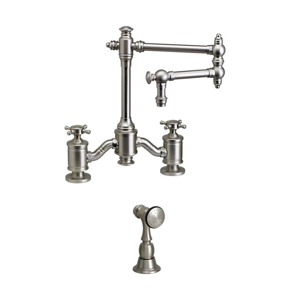 Waterstone Towson Bridge Faucet - 12'' Articulated Spout - Cross Handles - Classic Bronze