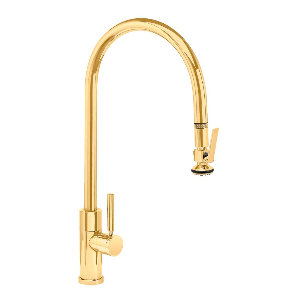 Waterstone Modern Extended Reach PLP Pulldown Faucet - Lever Sprayer - Polished Brass
