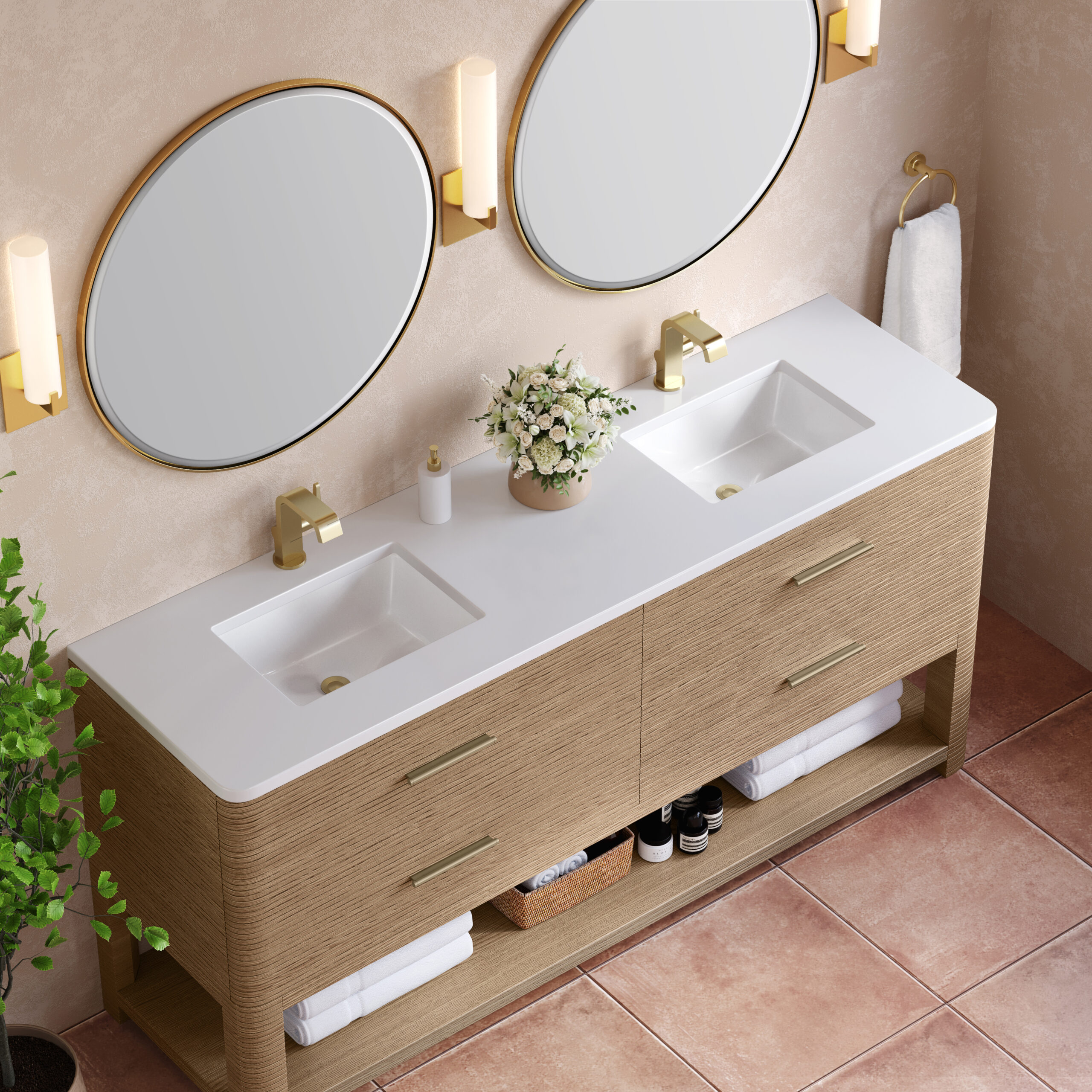 Lucian 72" Double Vanity, Pebble Oak w/ 3 CM White Zeus Quartz Top - Image 5