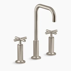 Kohler Purist Widespread bathroom sink faucet with Cross handles, 1.2 gpm – Vibrant Brushed Nickel