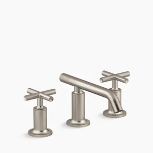 Kohler Purist Widespread bathroom sink faucet with Cross handles, 1.2 gpm – Vibrant Brushed Nickel