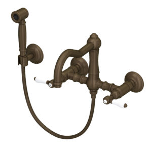 ROHL Acqui® Wall Mount Bridge Kitchen Faucet With Sidespray And Column Spout In Tuscan Brass
