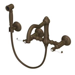 ROHL Acqui® Wall Mount Bridge Kitchen Faucet With Sidespray And Column Spout In Tuscan Brass