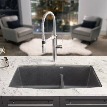 Blanco Performa SILGRANIT 33" 60/40 Double Bowl Undermount Kitchen Sink with Low Divide - Cinder - Image 4