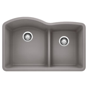 Blanco Diamond SILGRANIT 32″ 60/40 Double Bowl Undermount Kitchen Sink with Low Divide – Metallic Gray