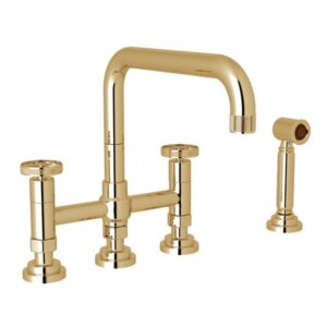 ROHL Campo™ Bridge Kitchen Faucet With Side Spray In Unlacquered Brass