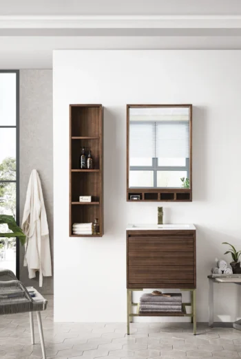 Mantova 23.6" Single Vanity, Mid-Century Walnut, Champagne Brass Base w/ Glossy White Composite Stone Top - Image 2