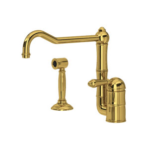 ROHL Acqui® Extended Spout Kitchen Faucet With Side Spray In Unlacquered Brass