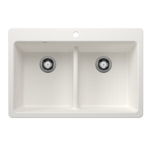 Blanco Liven SILGRANIT 33″ 50/50 Double Bowl Dual Mount Kitchen Sink with Low Divide – White