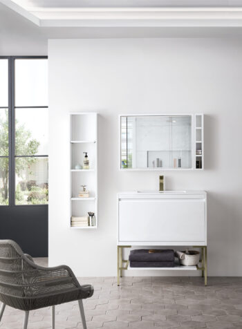 Mantova 35.4" Single Vanity, Glossy White, Champagne Brass Base w/ Glossy White Composite Stone Top - Image 2