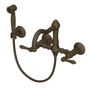 ROHL Acqui® Wall Mount Bridge Kitchen Faucet With Sidespray And Column Spout In Tuscan Brass