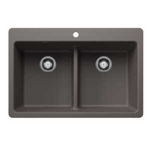 Blanco Liven SILGRANIT 33″ 50/50 Double Bowl Dual Mount Kitchen Sink with Low Divide – Volcano Gray