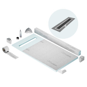 QM Shower Pan Kit 32″ with a 24″ Delta Linear Drain Flange Edge in Black