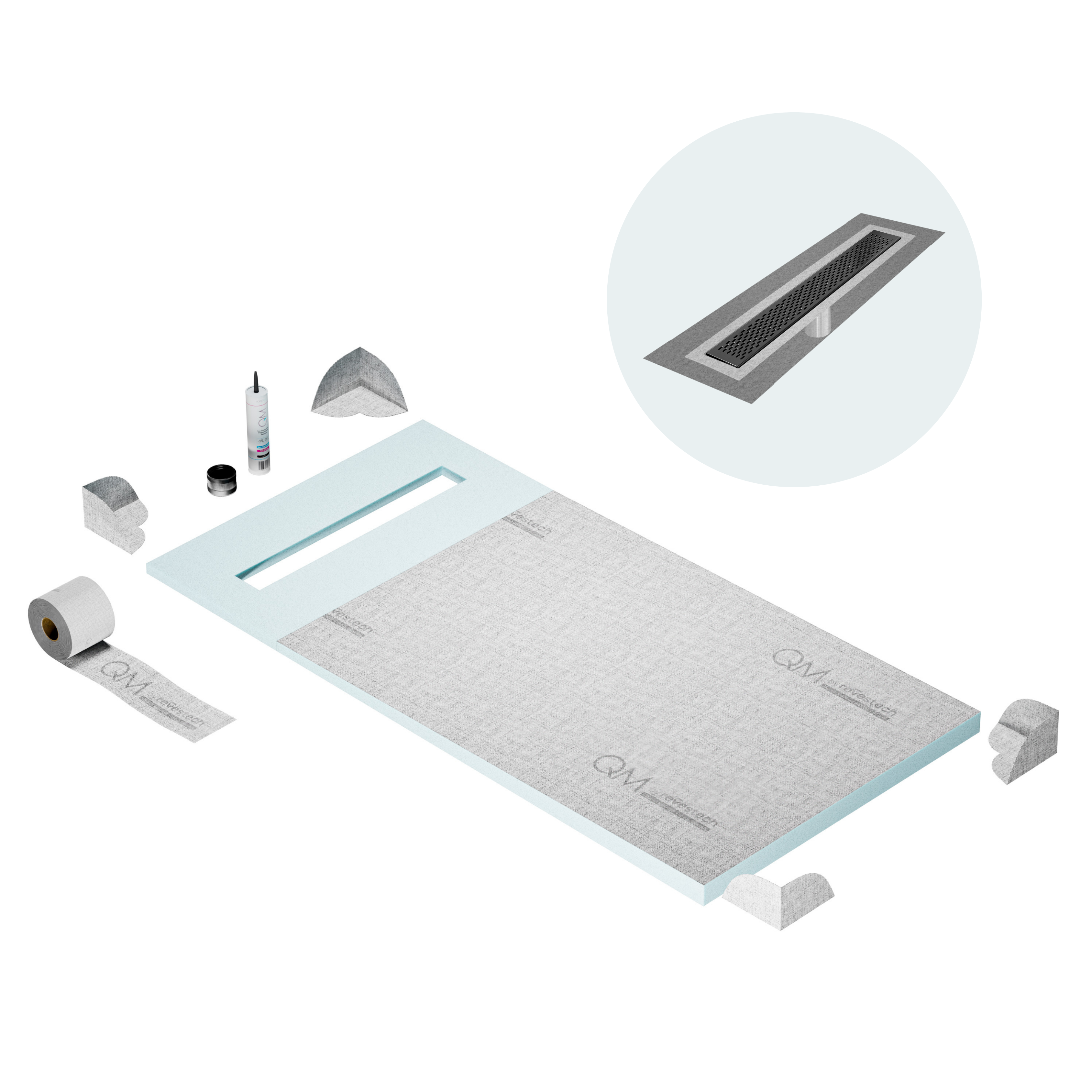 QM Shower Pan Curbless Kit 32" with a 24" Delta Linear Drain Flange Edge in Black