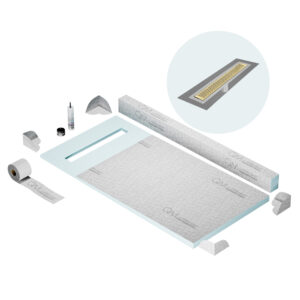 QM Shower Pan Kit 32″ with a 24″ Delta Linear Drain Flange Edge in Gold