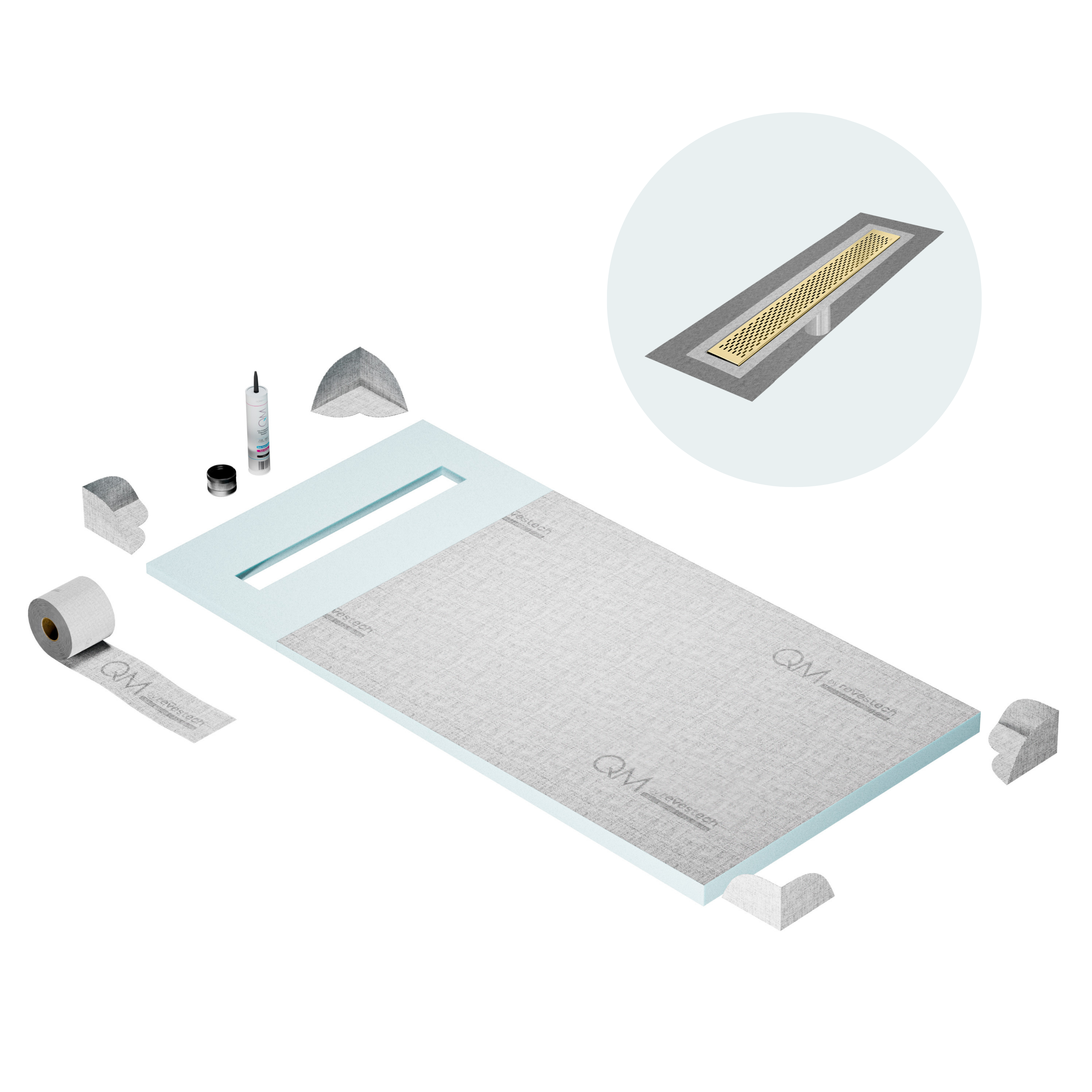 QM Shower Pan Curbless Kit 32" with a 24" Delta Linear Drain Flange Edge in Gold