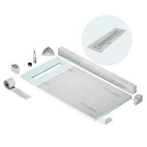 QM Shower Pan Kit 32″ with a 24″ Delta Linear Drain Flange Edge in Polished