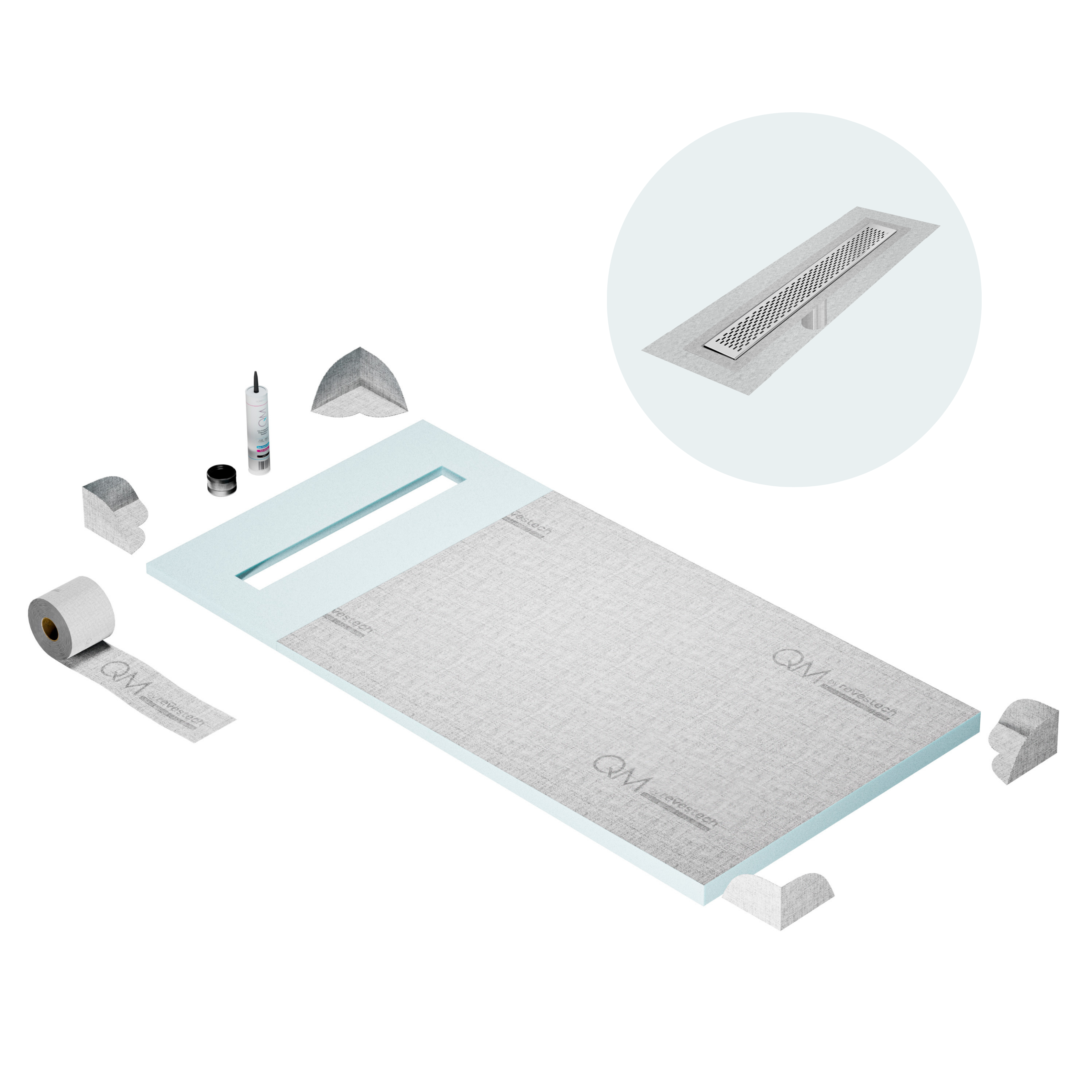 QM Shower Pan Curbless Kit 32" with a 24" Delta Linear Drain Flange Edge in Polished