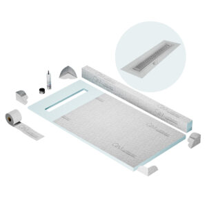 QM Shower Pan Kit 32″ with a 24″ Delta Linear Drain Flange Edge in Satin