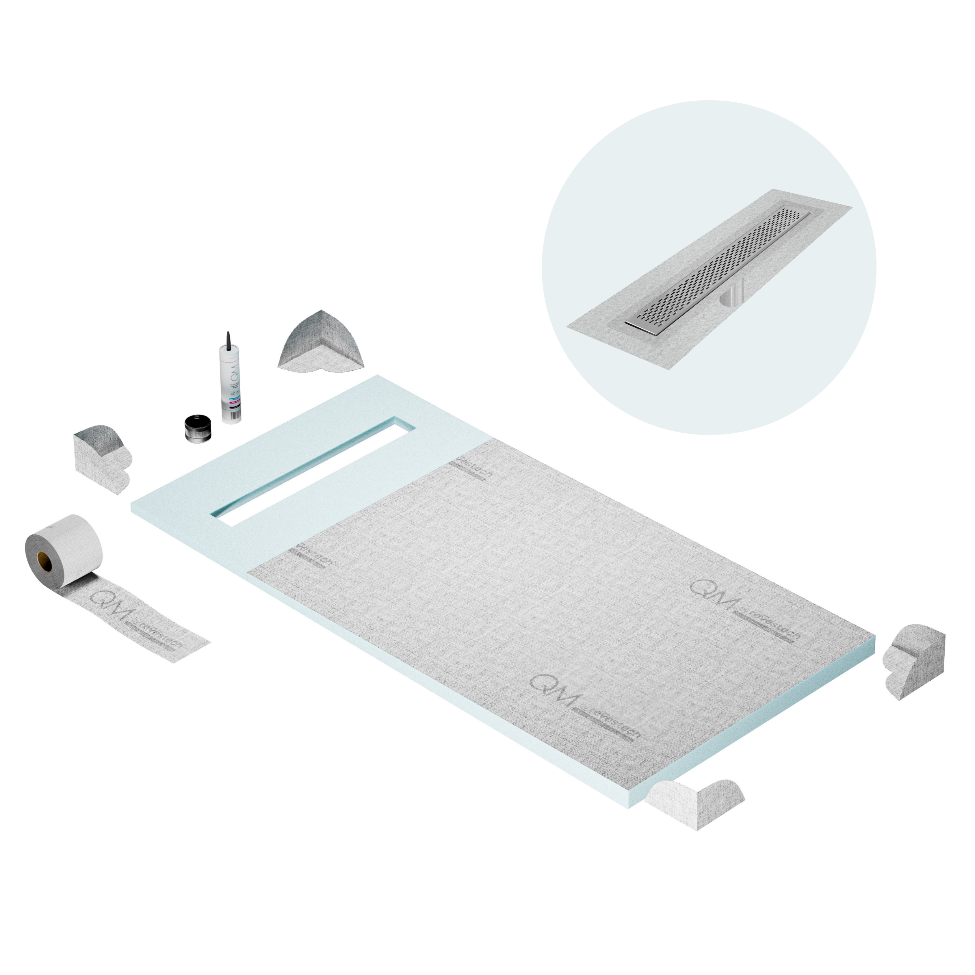 QM Shower Pan Curbless Kit 32" with a 24" Delta Linear Drain Flange Edge in Satin