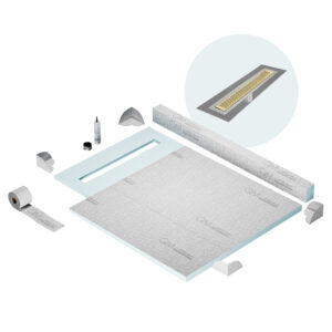 QM Shower Pan Kit 40″ with a 32″ Delta Linear Drain Flange Edge in Gold