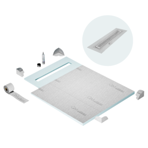 QM Shower Pan Curbless Kit 40″ with a 32″ Delta Linear Drain Flange Edge in Polished