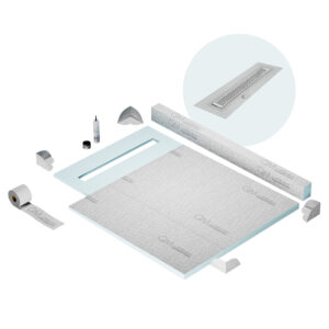QM Shower Pan Kit 40″ with a 32″ Delta Linear Drain Flange Edge in Satin