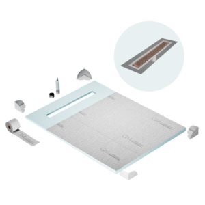 QM Shower Pan Curbless Kit 48″ with a 36″ Delta Linear Drain Flange Edge in Bronze