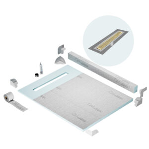 QM Shower Pan Kit 48″ with a 36″ Delta Linear Drain Flange Edge in Gold
