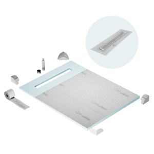 QM Shower Pan Curbless Kit 48″ with a 36″ Delta Linear Drain Flange Edge in Polished