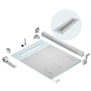 QM Shower Pan Kit 48″ with a 36″ Delta Linear Drain Flange Edge in Polished
