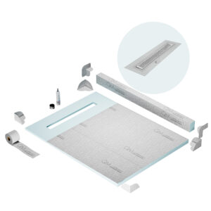 QM Shower Pan Kit 48″ with a 36″ Delta Linear Drain Flange Edge in Satin