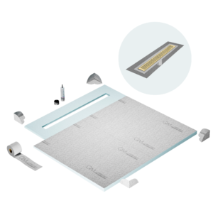 QM Shower Pan Curbless Kit 56″ with a 48″ Delta Linear Drain Flange Edge in Gold