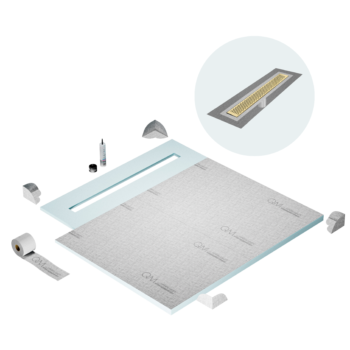 QM Shower Pan Curbless Kit 56" with a 48" Delta Linear Drain Flange Edge in Gold