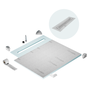 QM Shower Pan Curbless Kit 56″ with a 48″ Delta Linear Drain Flange Edge in Polished