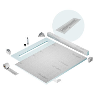 QM Shower Pan Kit 56″ with a 48″ Delta Linear Drain Flange Edge in Satin