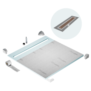 QM Shower Pan Curbless Kit 64″ with a 58″ Delta Linear Drain Flange Edge in Bronze