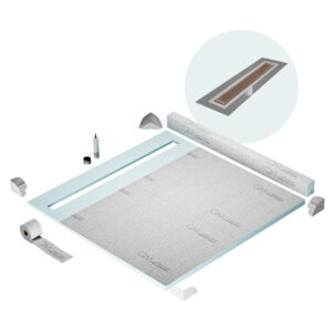 QM Shower Pan Kit 64″ with a 58″ Delta Linear Drain Flange Edge in Bronze