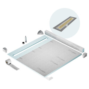 QM Shower Pan Kit 64″ with a 58″ Delta Linear Drain Flange Edge in Gold