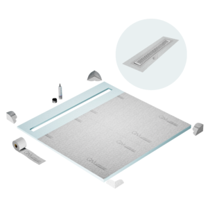 QM Shower Pan Curbless Kit 64″ with a 58″ Delta Linear Drain Flange Edge in Polished