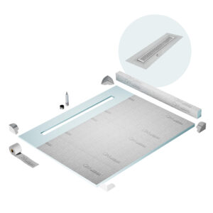 QM Shower Pan Kit 64″ with a 58″ Delta Linear Drain Flange Edge in Satin