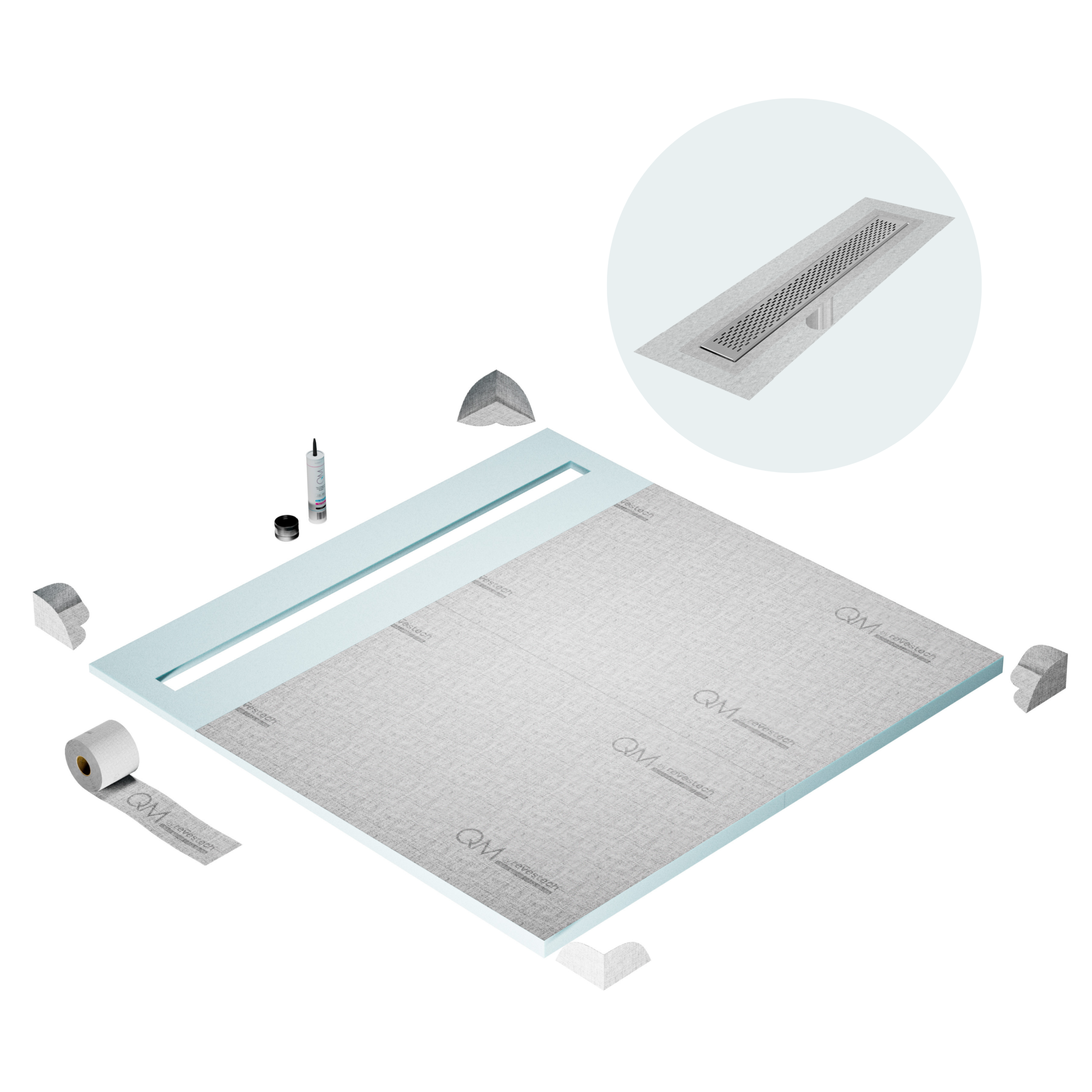 QM Shower Pan Curbless Kit 64" with a 58" Delta Linear Drain Flange Edge in Satin